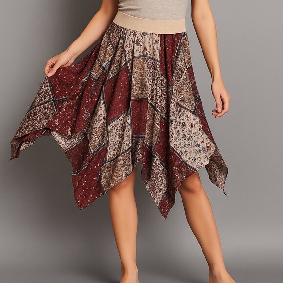 Metro Wear Dresses & Skirts - Metro Wear Medium Boho Patchwork Handkerchief Midi Skirt Maroon Paisley Lined